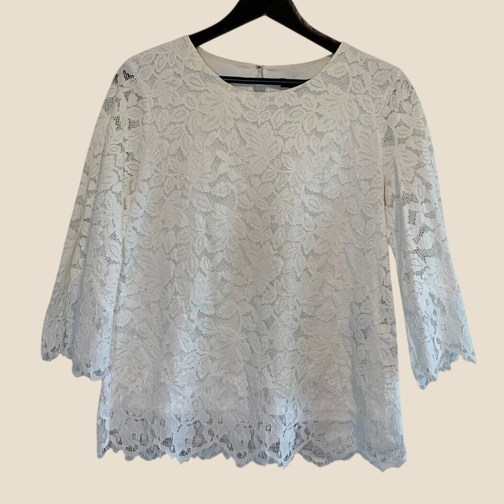 Banana Republic White Floral Lace Bell 3/4 Sleeve Blouse M Eyelash Hem Top Chic